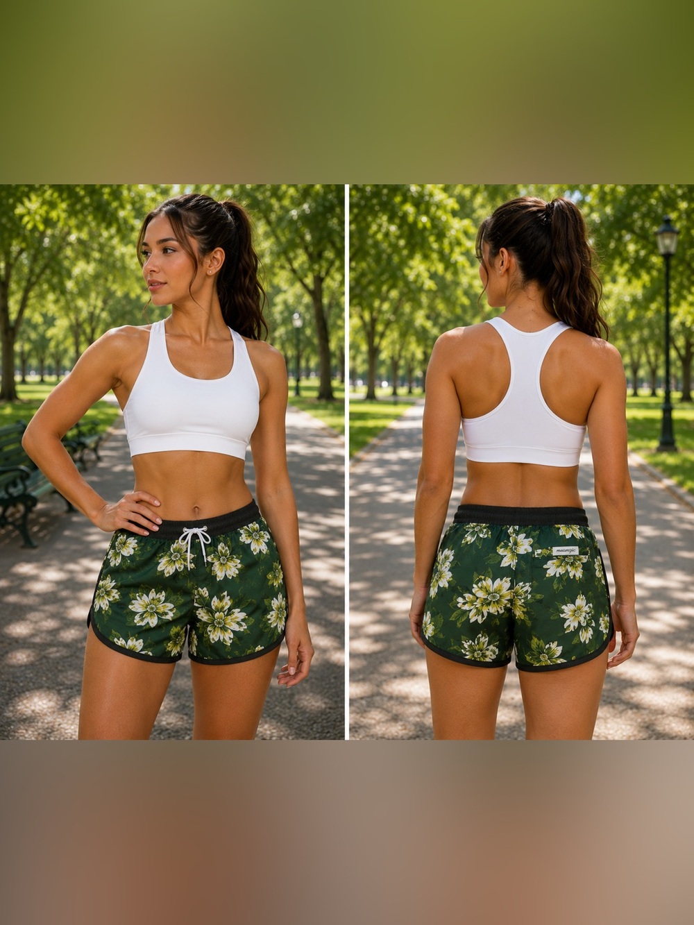 Maamgic Floral Athletic Running Shorts Women's Green Mesh Lined Approx M